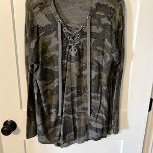 Democracy Camouflage Lace-Up Top - Green and Gray